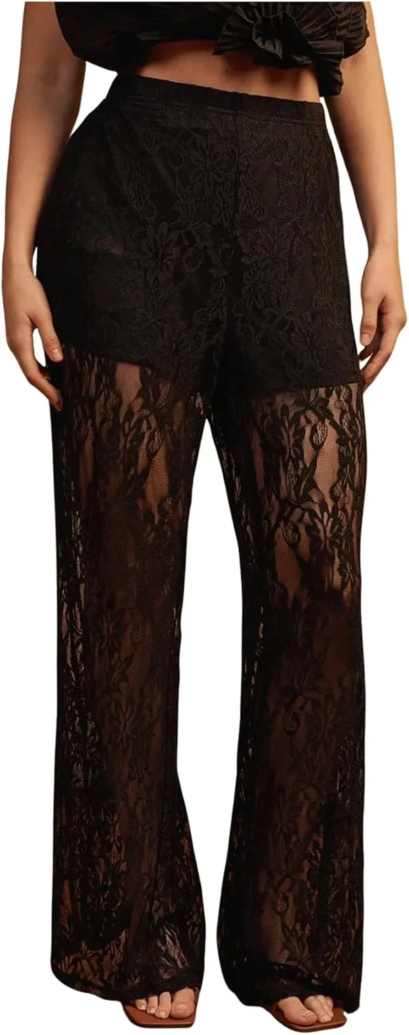 OYOANGLE Women's Plus Size Lace Sheer Long Pants Elastic High Waist Straight Leg Pants See Through Trousers Clubwear