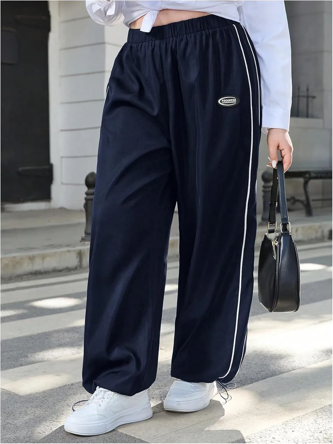OYOANGLE Women's Plus Size Side Striped Elastic High Waist Pants Wide Leg Trousers Streetwear