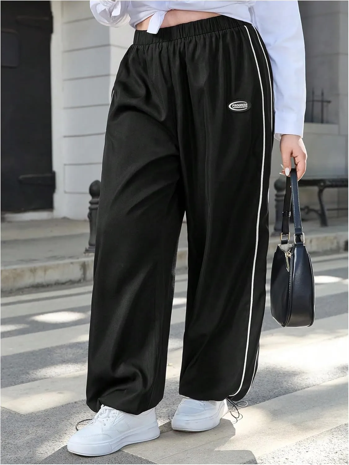 OYOANGLE Women's Plus Size Side Striped Elastic High Waist Pants Wide Leg Trousers Streetwear
