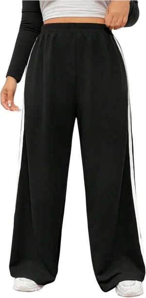 OYOANGLE Women's Plus Size Side Striped Sweatpants Elastic High Waist Wide Leg Trousers Streetwear