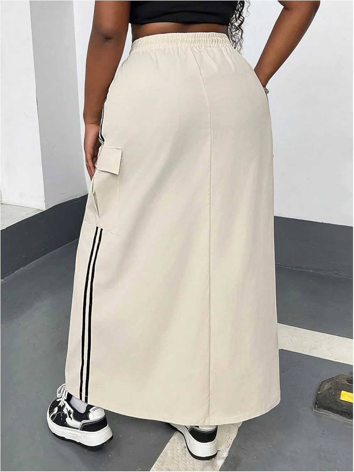OYOANGLE Women's Plus Size Striped Side Drawstring Waist Cargo Skirt Loose Casual Maxi Skirts with Flap Pockets