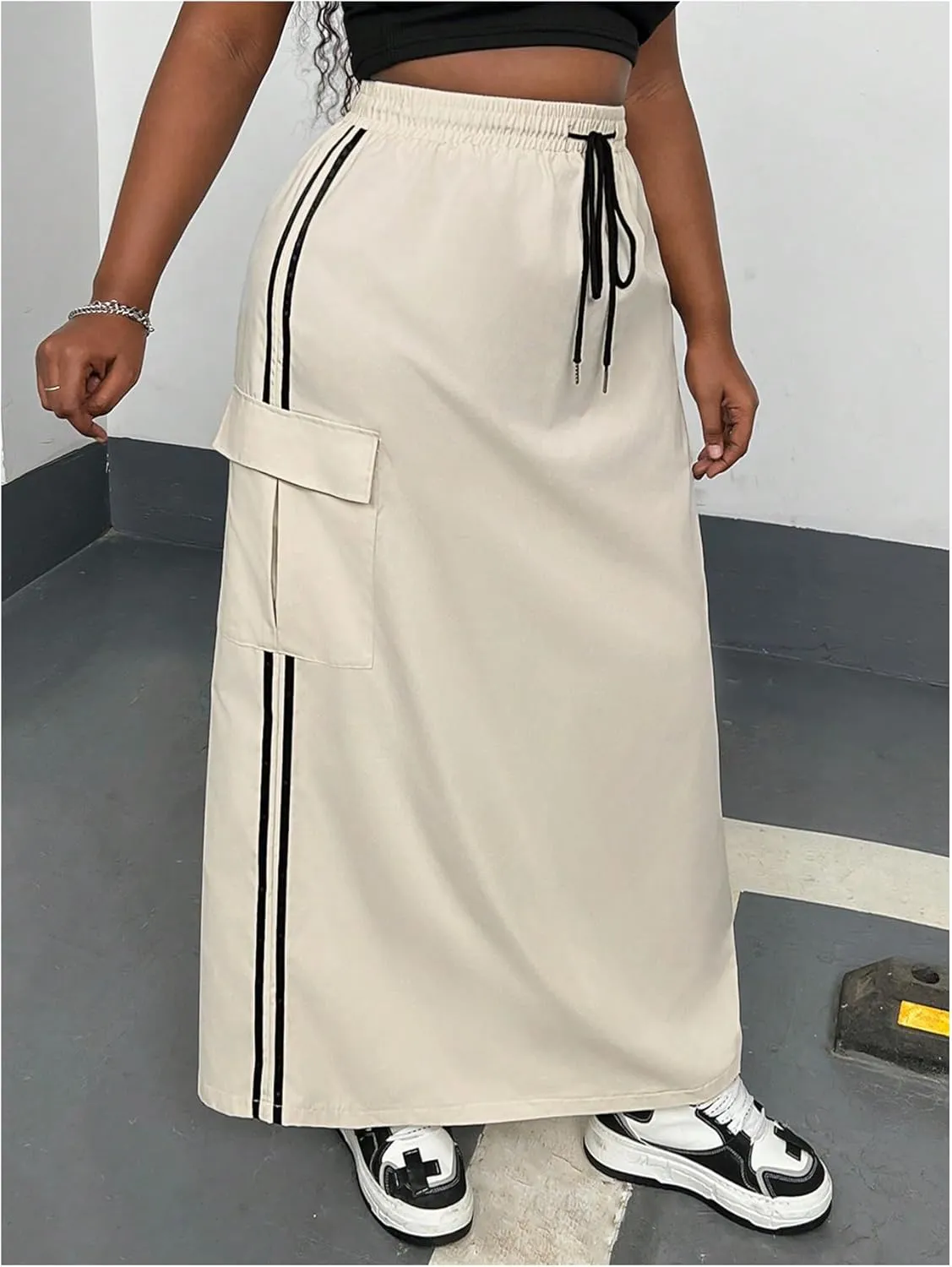 OYOANGLE Women's Plus Size Striped Side Drawstring Waist Cargo Skirt Loose Casual Maxi Skirts with Flap Pockets