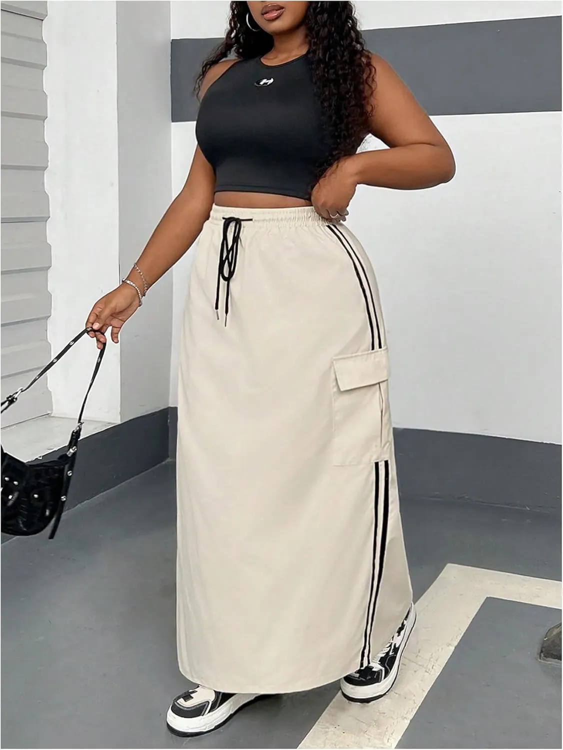 OYOANGLE Women's Plus Size Striped Side Drawstring Waist Cargo Skirt Loose Casual Maxi Skirts with Flap Pockets