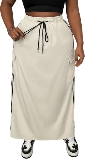 OYOANGLE Women's Plus Size Striped Side Drawstring Waist Cargo Skirt Loose Casual Maxi Skirts with Flap Pockets