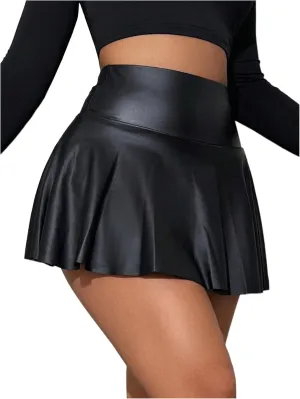 OYOANGLE Women's Pu Leather Elastic High Waist Skorts Ruffle Hem Casual Flared Skirt Shorts