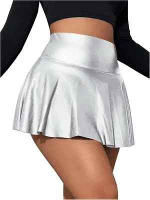 OYOANGLE Women's Pu Leather Elastic High Waist Skorts Ruffle Hem Casual Flared Skirt Shorts