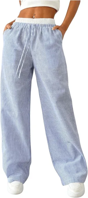 OYOANGLE Women's Stripe Print Drawstring High Waist Pants Casual Wide Leg Trousers with Pockets