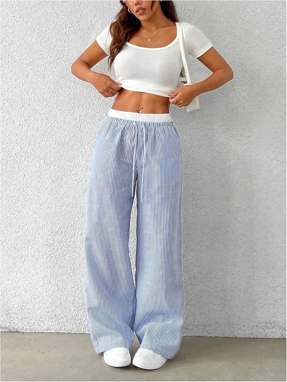 OYOANGLE Women's Stripe Print Drawstring High Waist Pants Casual Wide Leg Trousers with Pockets