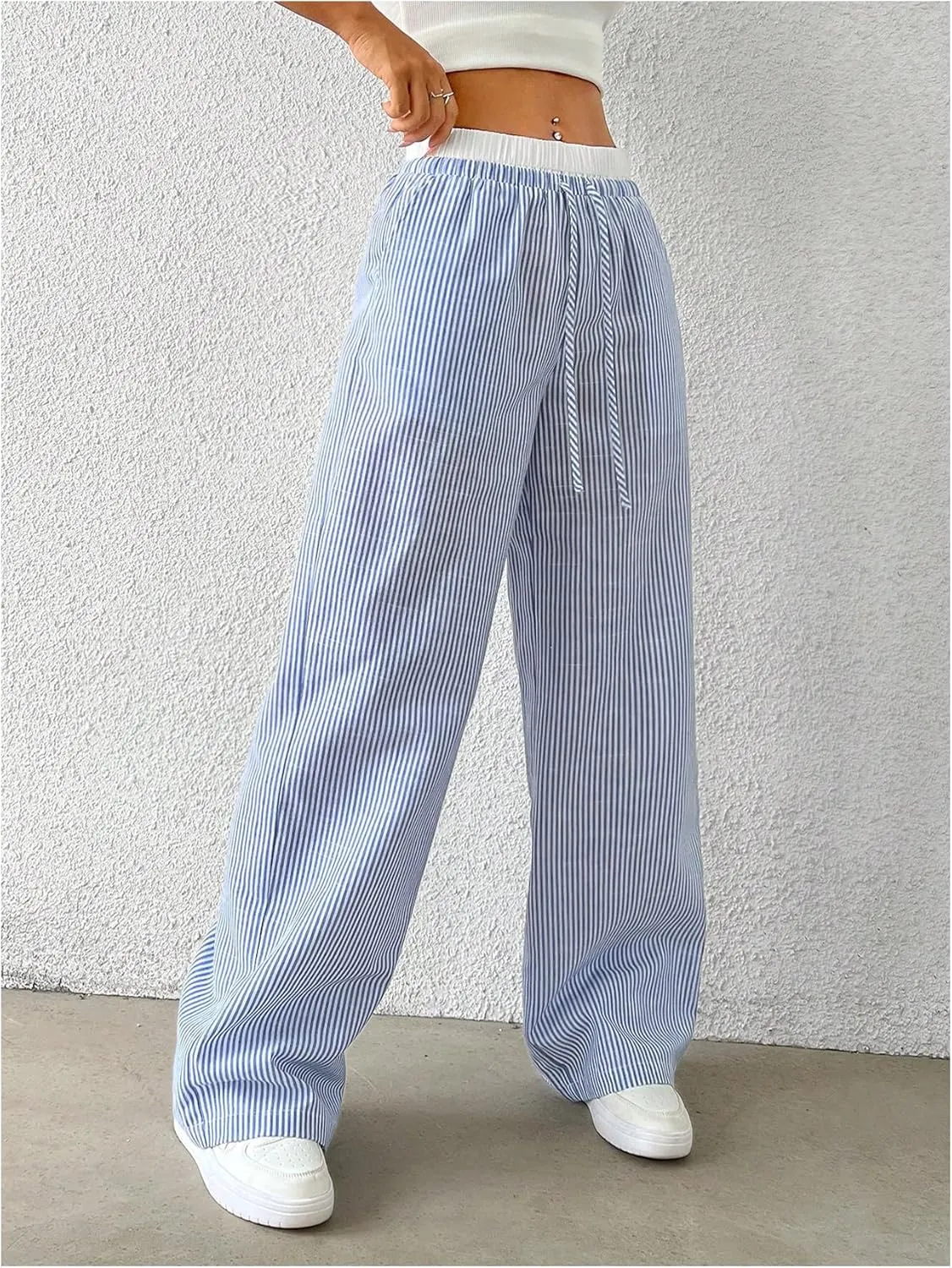 OYOANGLE Women's Stripe Print Drawstring High Waist Pants Casual Wide Leg Trousers with Pockets