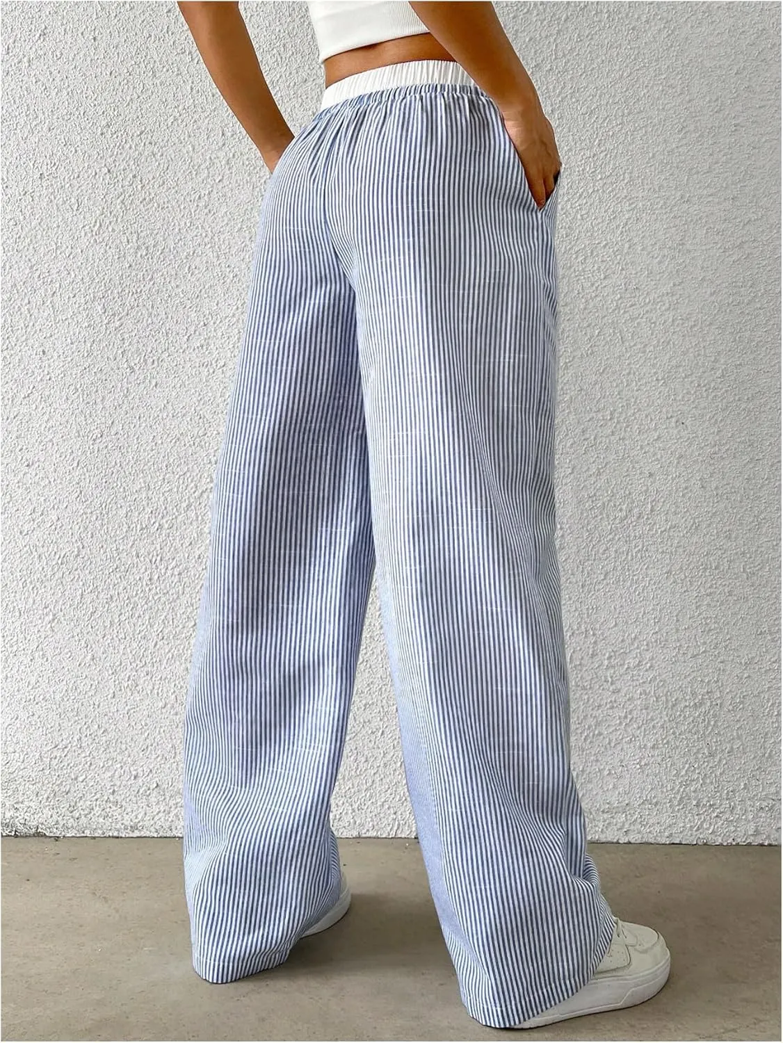OYOANGLE Women's Stripe Print Drawstring High Waist Pants Casual Wide Leg Trousers with Pockets