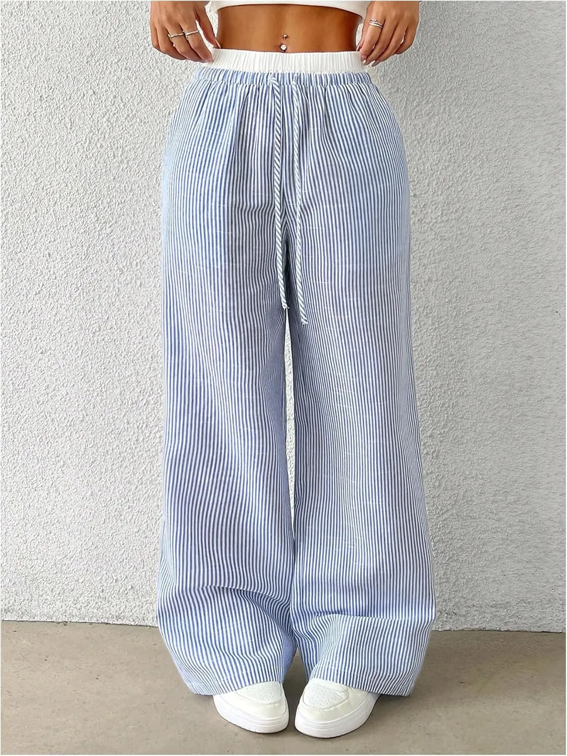 OYOANGLE Women's Stripe Print Drawstring High Waist Pants Casual Wide Leg Trousers with Pockets