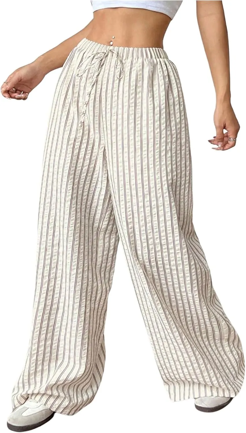 OYOANGLE Women's Striped Print Pants Drawstring Elastic High Waist Wide Leg Loose Casual Trousers