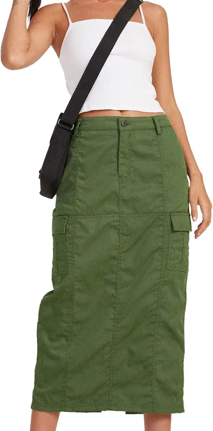 PEHMEA Womens Y2K Cargo Long Skirt Midi Denim Low Rise Split Skirts with Pockets Streetwear Date Night Club