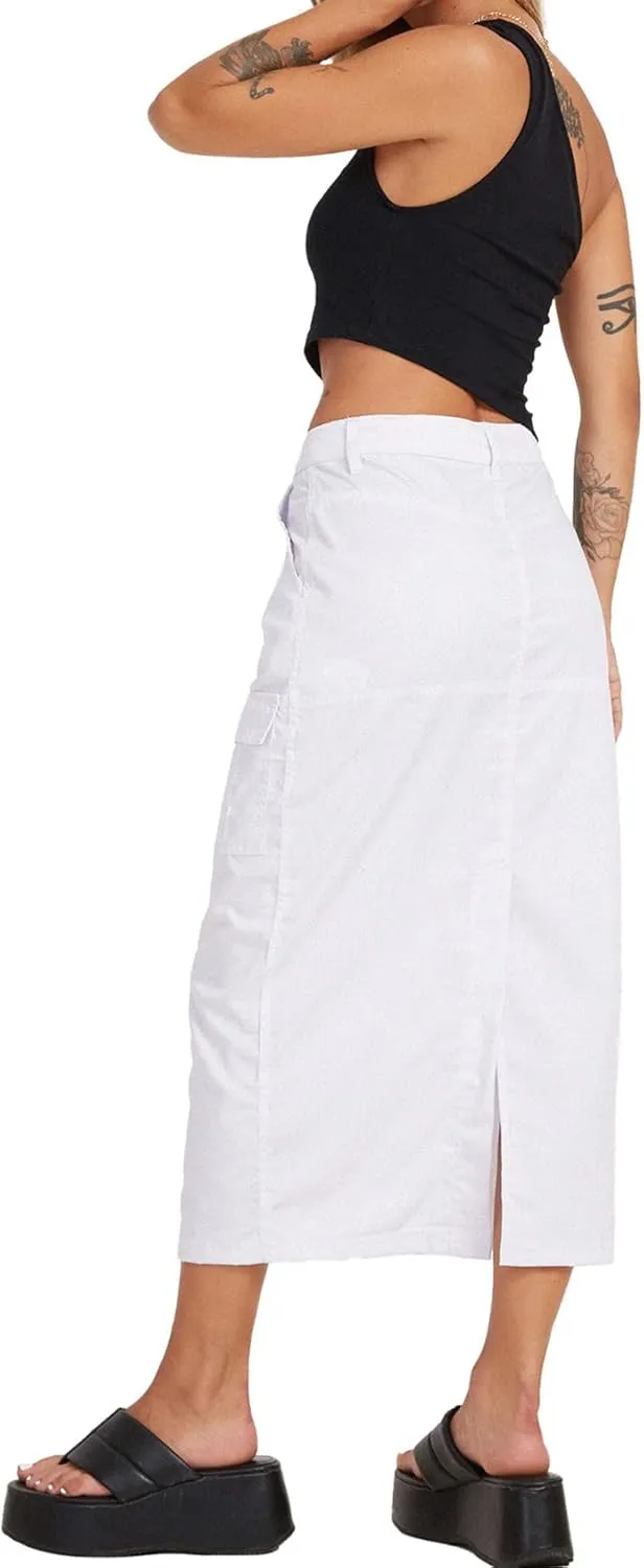 PEHMEA Womens Y2K Cargo Long Skirt Midi Denim Low Rise Split Skirts with Pockets Streetwear Date Night Club