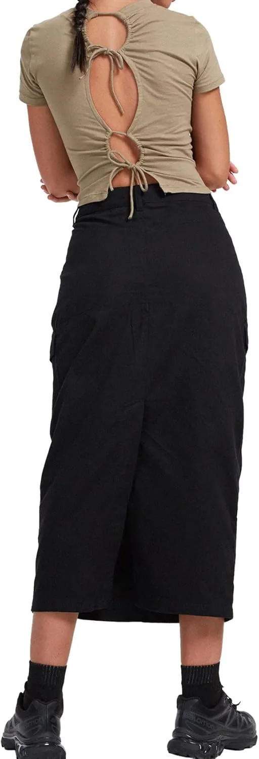 PEHMEA Womens Y2K Cargo Long Skirt Midi Denim Low Rise Split Skirts with Pockets Streetwear Date Night Club