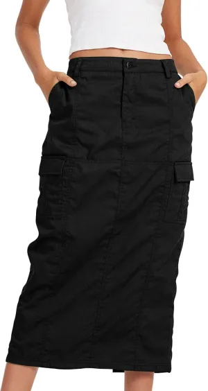 PEHMEA Womens Y2K Cargo Long Skirt Midi Denim Low Rise Split Skirts with Pockets Streetwear Date Night Club