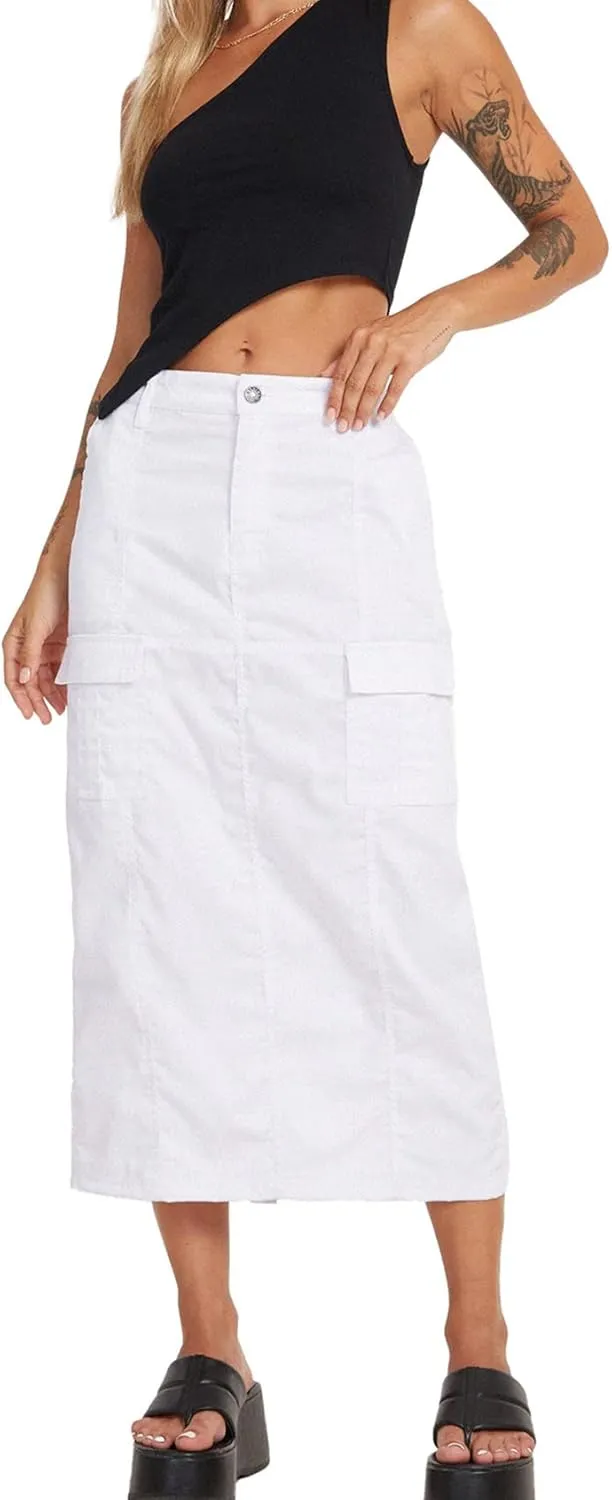 PEHMEA Womens Y2K Cargo Long Skirt Midi Denim Low Rise Split Skirts with Pockets Streetwear Date Night Club