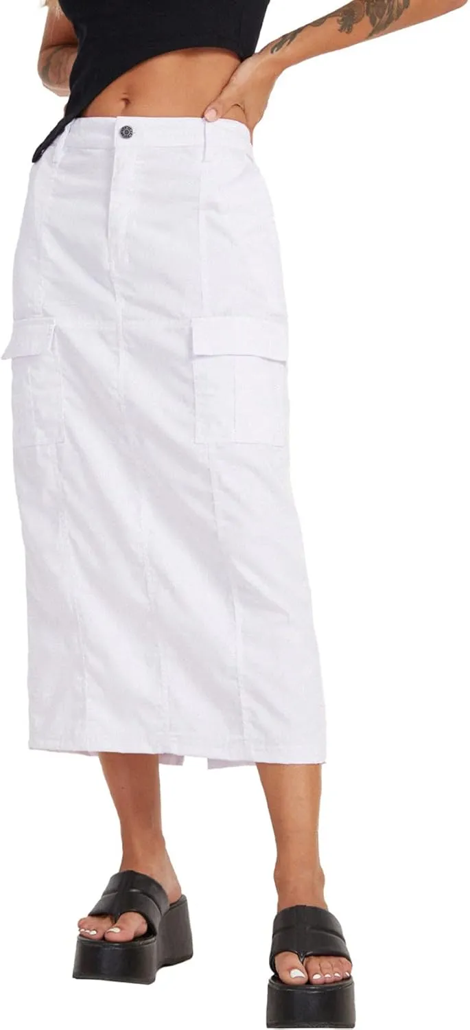 PEHMEA Womens Y2K Cargo Long Skirt Midi Denim Low Rise Split Skirts with Pockets Streetwear Date Night Club