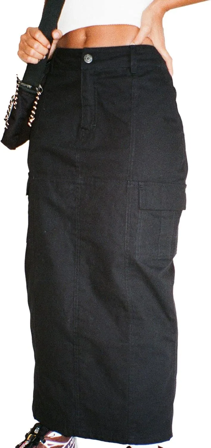 PEHMEA Womens Y2K Cargo Long Skirt Midi Denim Low Rise Split Skirts with Pockets Streetwear Date Night Club