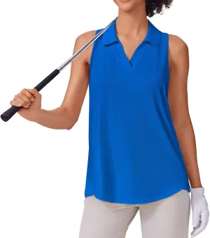 PINSPARK Womens Golf Shirt UPF 50  Sleeveless Collared Shirts Quick Dry Tennis Polo V-Neck Racerback Athletic Workout Tank