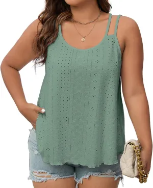 Plus Size Tank Tops for Women Eyelet Sleeveless Loose Fit Top Sexy Casual Flowy Cami Spaghetti Strap Tunic Shirt