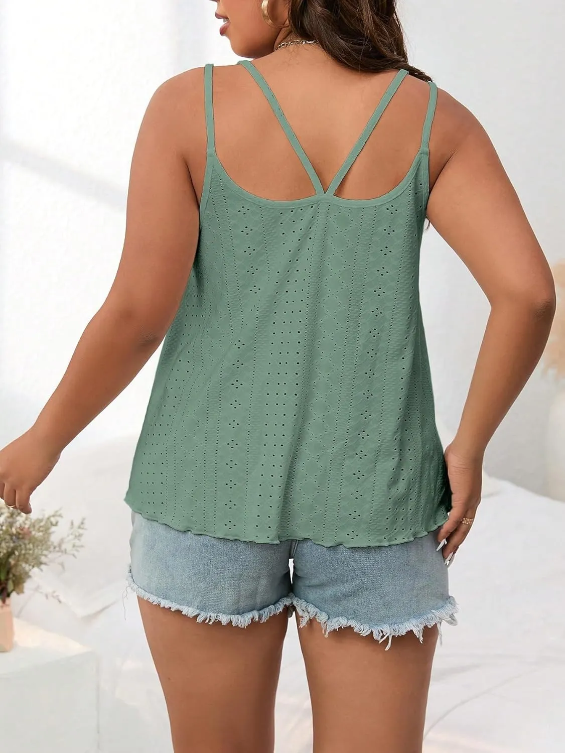Plus Size Tank Tops for Women Eyelet Sleeveless Loose Fit Top Sexy Casual Flowy Cami Spaghetti Strap Tunic Shirt