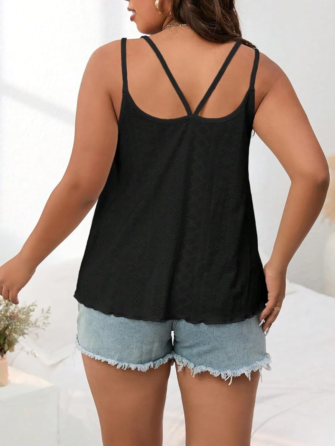 Plus Size Tank Tops for Women Eyelet Sleeveless Loose Fit Top Sexy Casual Flowy Cami Spaghetti Strap Tunic Shirt