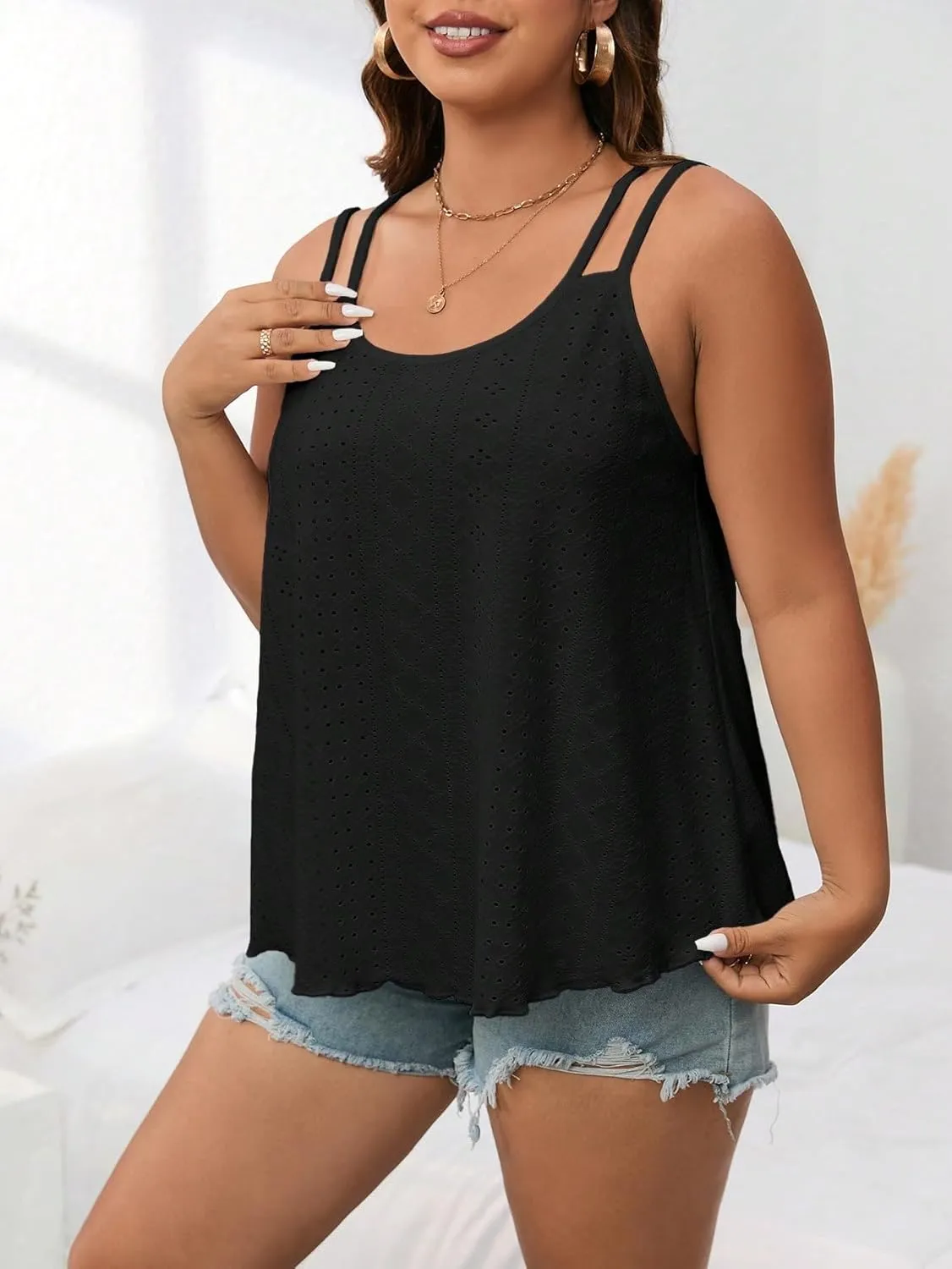 Plus Size Tank Tops for Women Eyelet Sleeveless Loose Fit Top Sexy Casual Flowy Cami Spaghetti Strap Tunic Shirt
