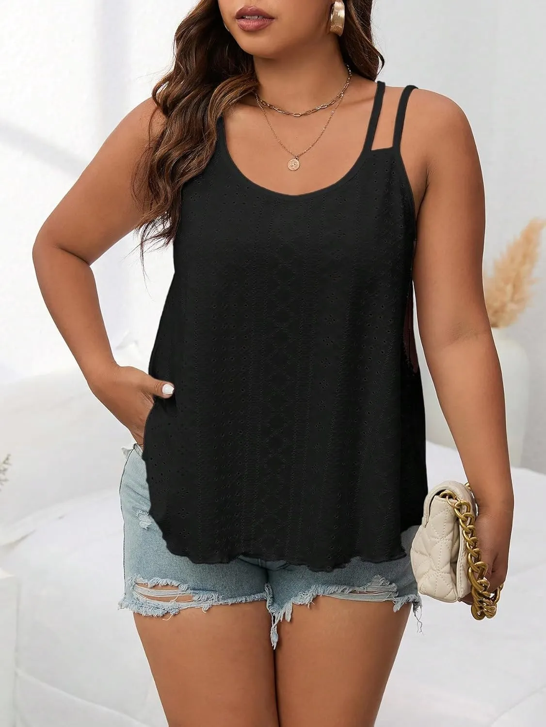 Plus Size Tank Tops for Women Eyelet Sleeveless Loose Fit Top Sexy Casual Flowy Cami Spaghetti Strap Tunic Shirt