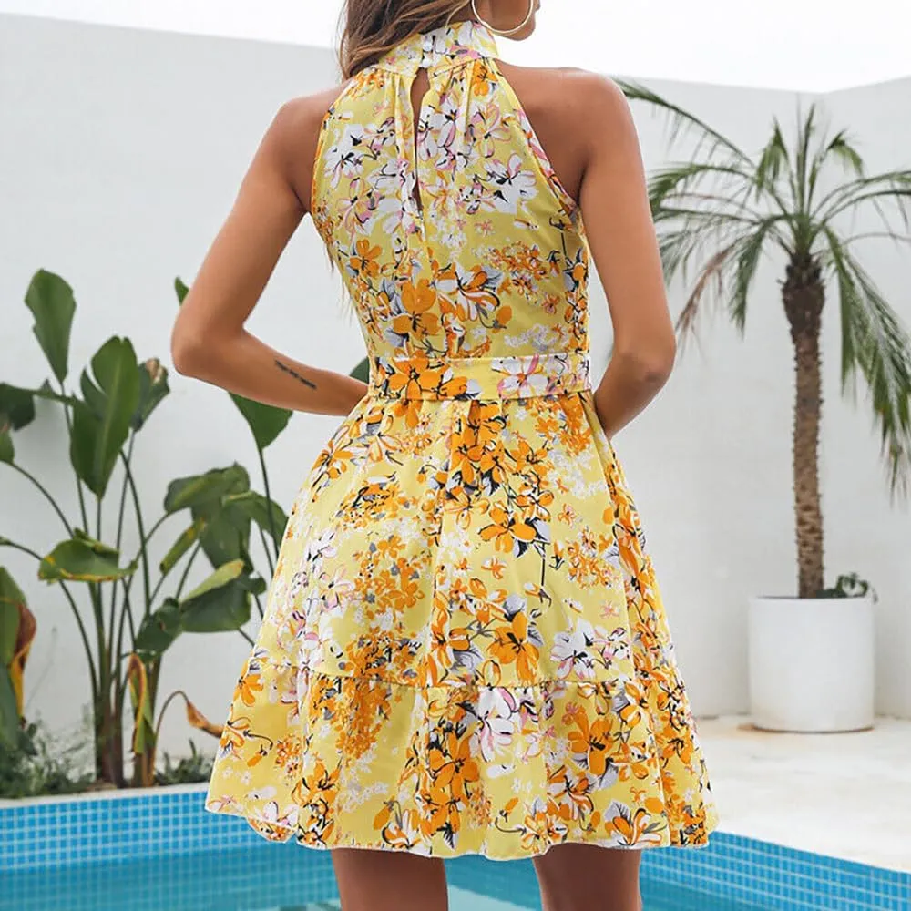 Pluto & Fox Women 's Summer Boho Halter Mini Dress Mock Neck Sleeveless Tie Waist A-Line Ruffle Swing Mini Dress