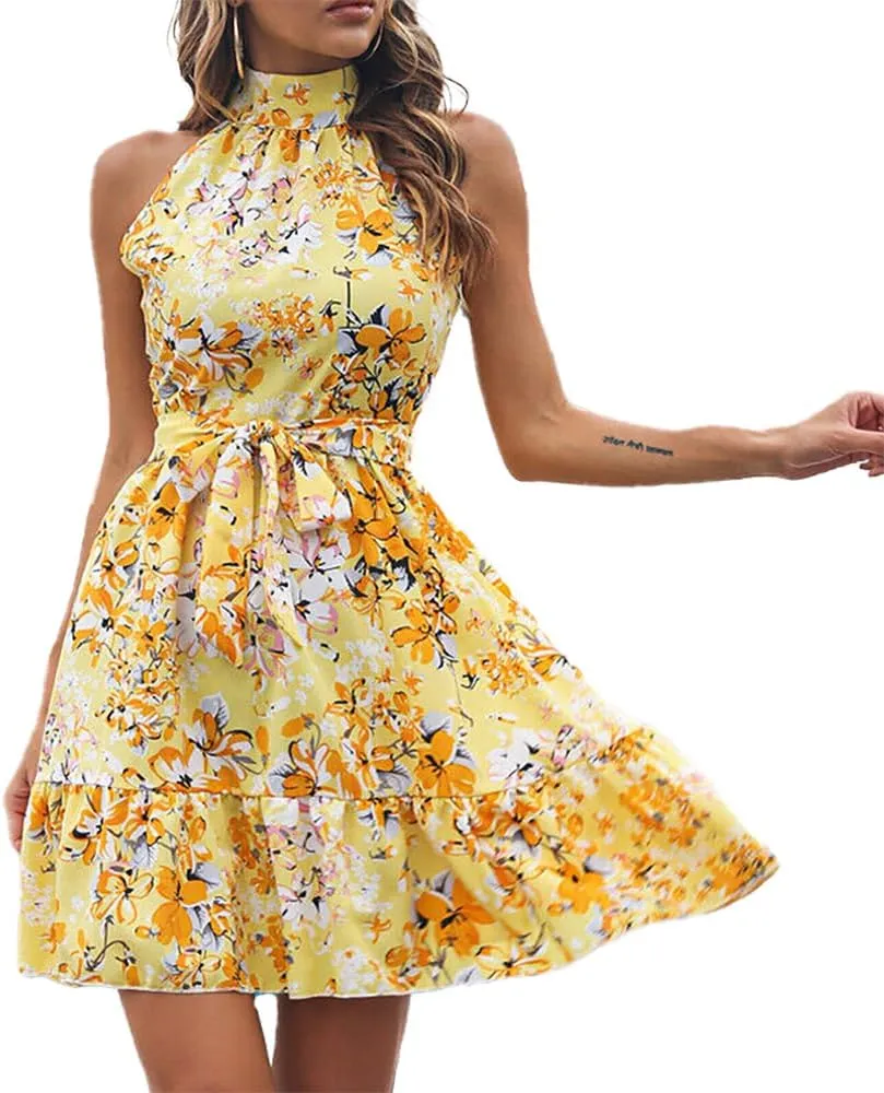 Pluto & Fox Women 's Summer Boho Halter Mini Dress Mock Neck Sleeveless Tie Waist A-Line Ruffle Swing Mini Dress