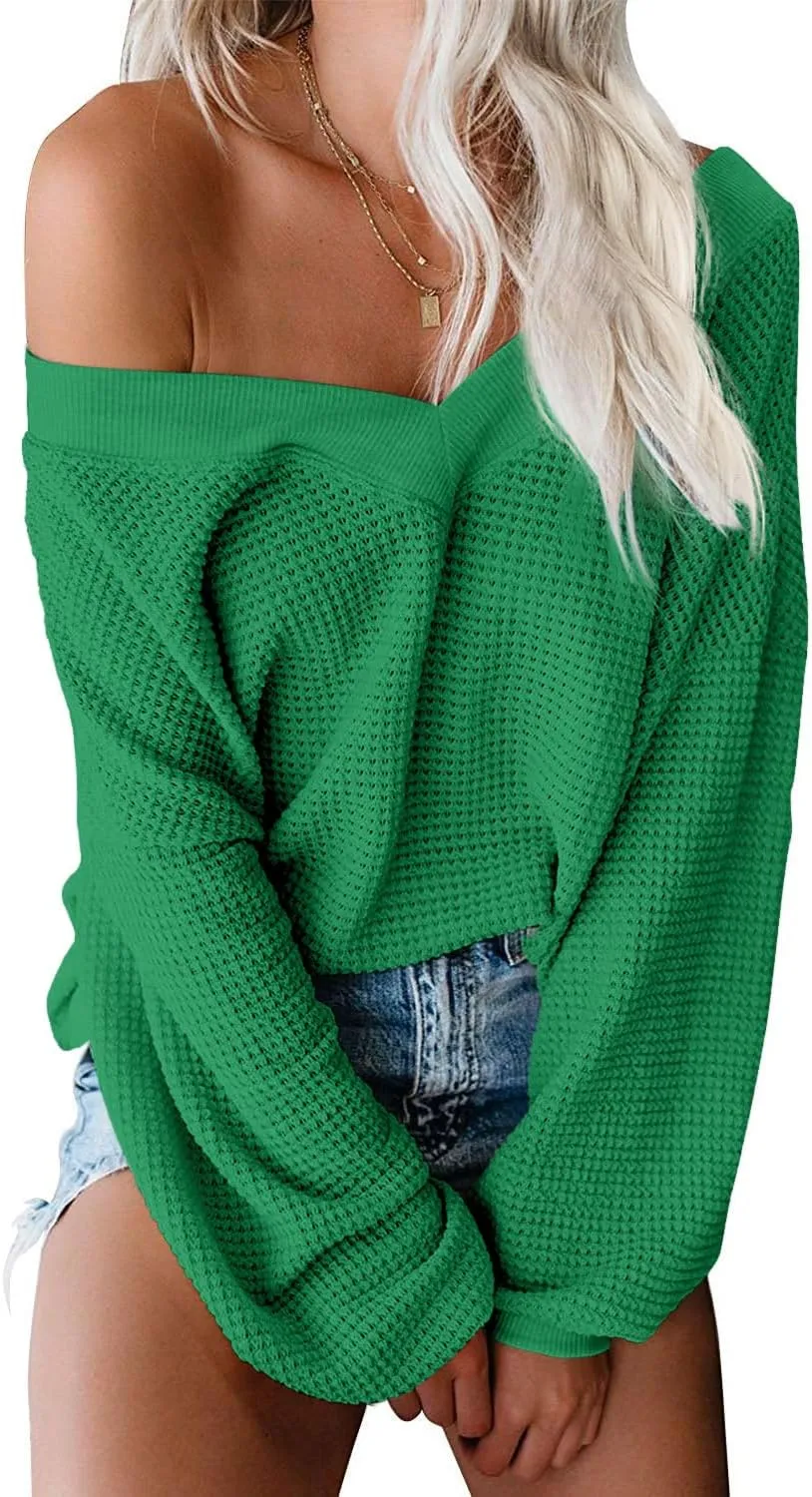 ReachMe Womens Oversized Off The Shoulder Tops Long Sleeve Waffle Knit Shirt Drop Shoulder Sweater Top