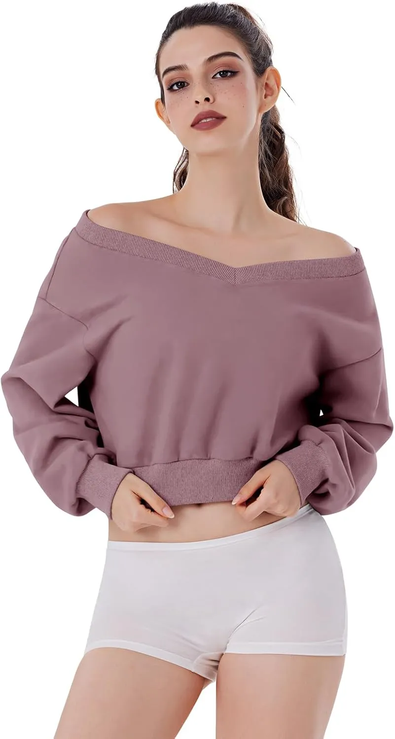 REORIA Womens Cropped Oversized Sweatshirts V Neck Long Sleeve Pullover 2024 Fall Teen Girls Y2K Fashion Crop Tops