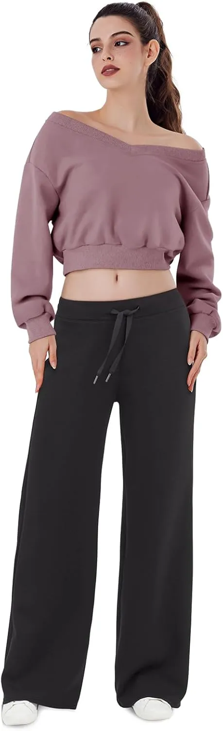 REORIA Womens Cropped Oversized Sweatshirts V Neck Long Sleeve Pullover 2024 Fall Teen Girls Y2K Fashion Crop Tops