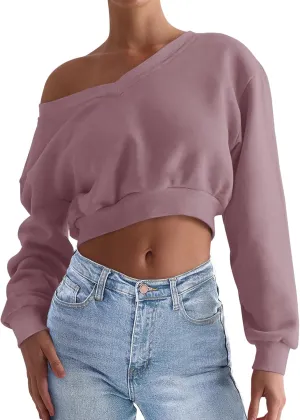 REORIA Womens Cropped Oversized Sweatshirts V Neck Long Sleeve Pullover 2024 Fall Teen Girls Y2K Fashion Crop Tops