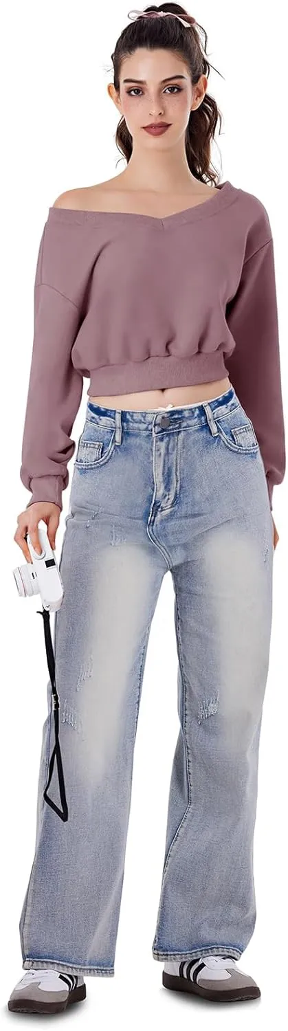 REORIA Womens Cropped Oversized Sweatshirts V Neck Long Sleeve Pullover 2024 Fall Teen Girls Y2K Fashion Crop Tops