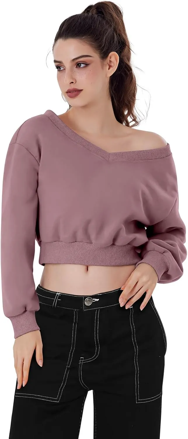 REORIA Womens Cropped Oversized Sweatshirts V Neck Long Sleeve Pullover 2024 Fall Teen Girls Y2K Fashion Crop Tops