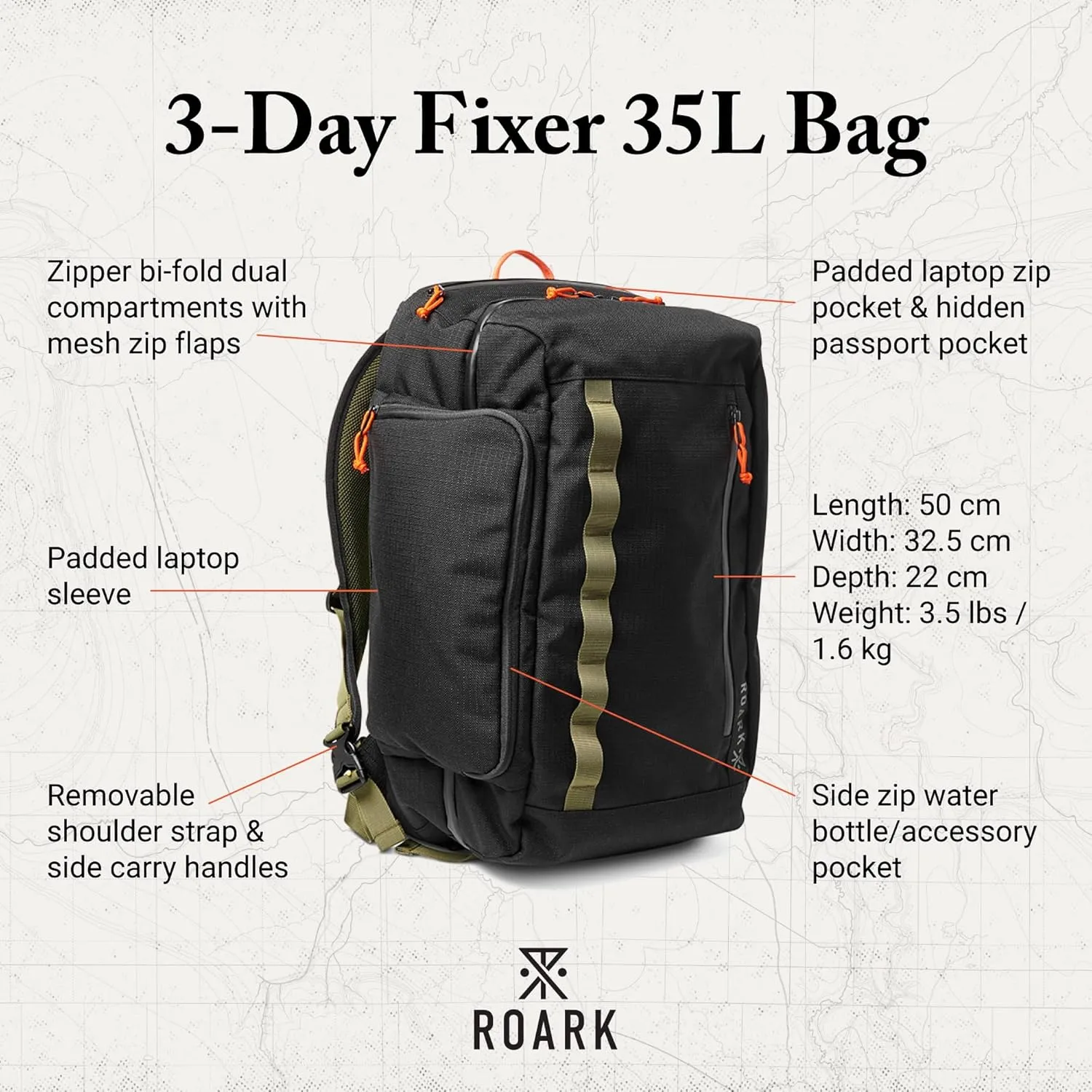 Roark 3 Day Fixer 35L Backpack, Multi-Day Travel Pack with Laptop Storage, Black
