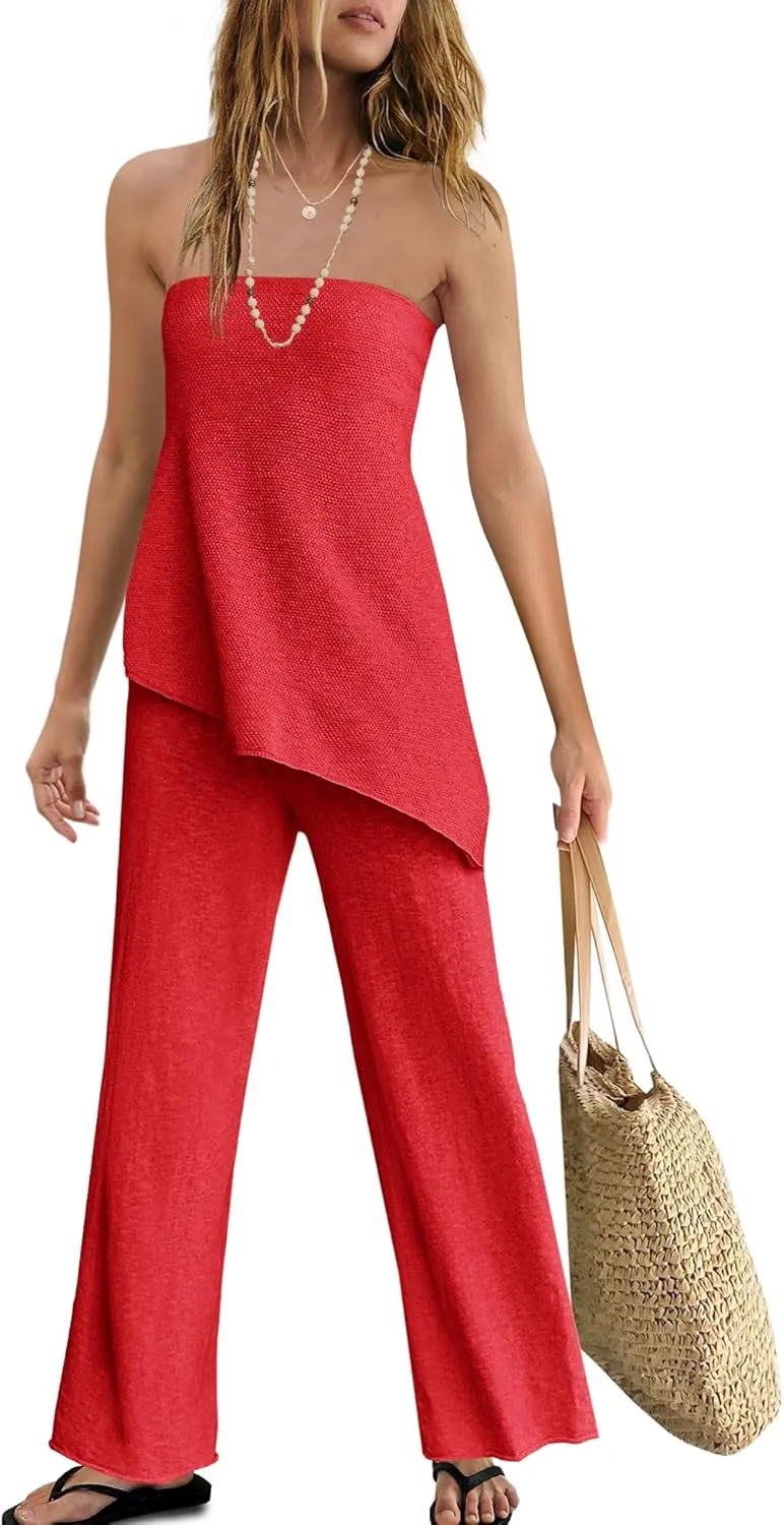 SENSERISE Womens 2 Piece Outfits Summer Knit Sweater Set Matching Lounge Set Off the Shoulder Tops and Pants