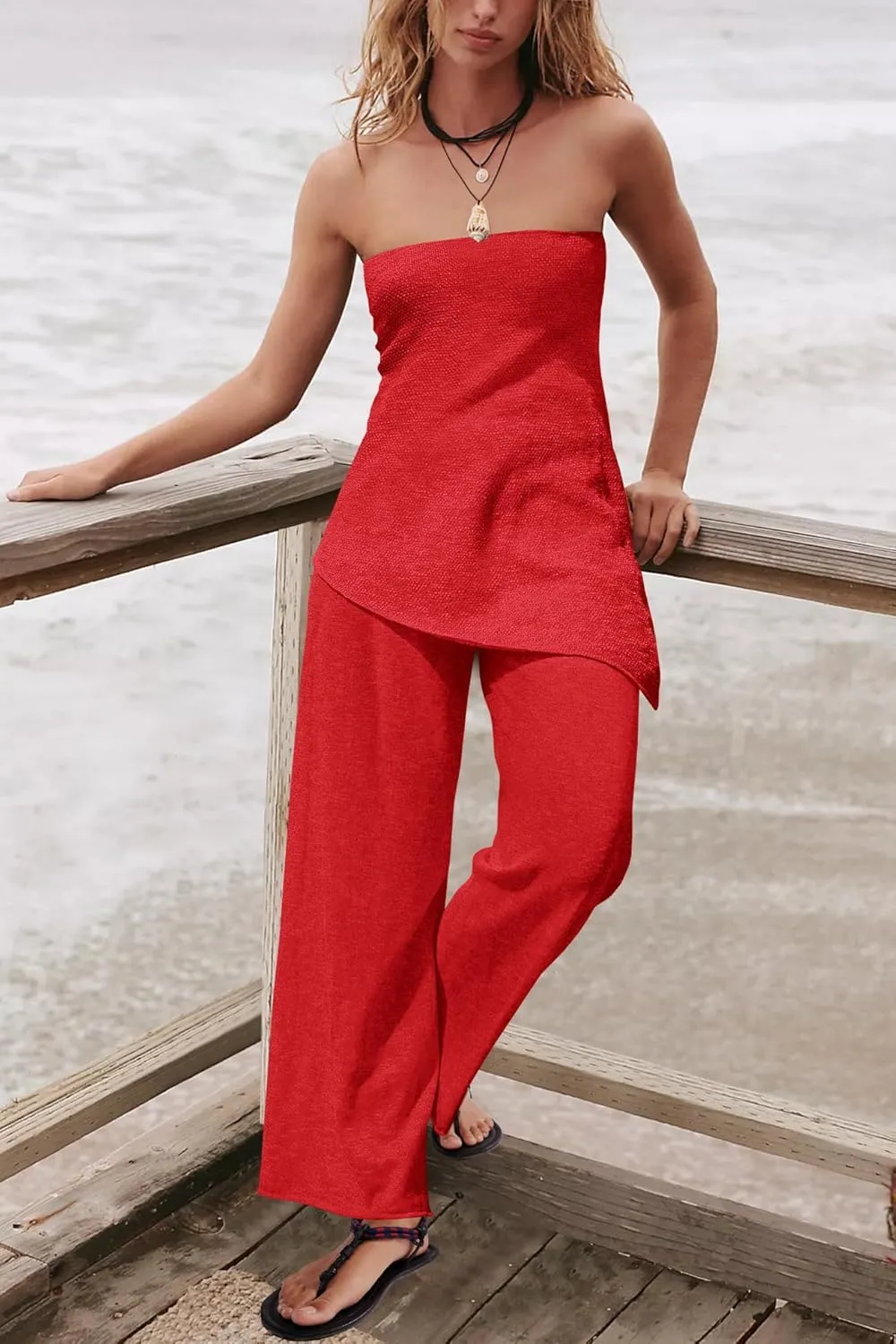 SENSERISE Womens 2 Piece Outfits Summer Knit Sweater Set Matching Lounge Set Off the Shoulder Tops and Pants