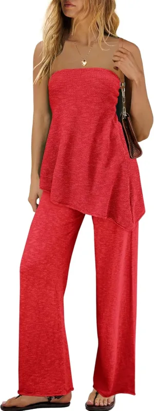SENSERISE Womens 2 Piece Outfits Summer Knit Sweater Set Matching Lounge Set Off the Shoulder Tops and Pants