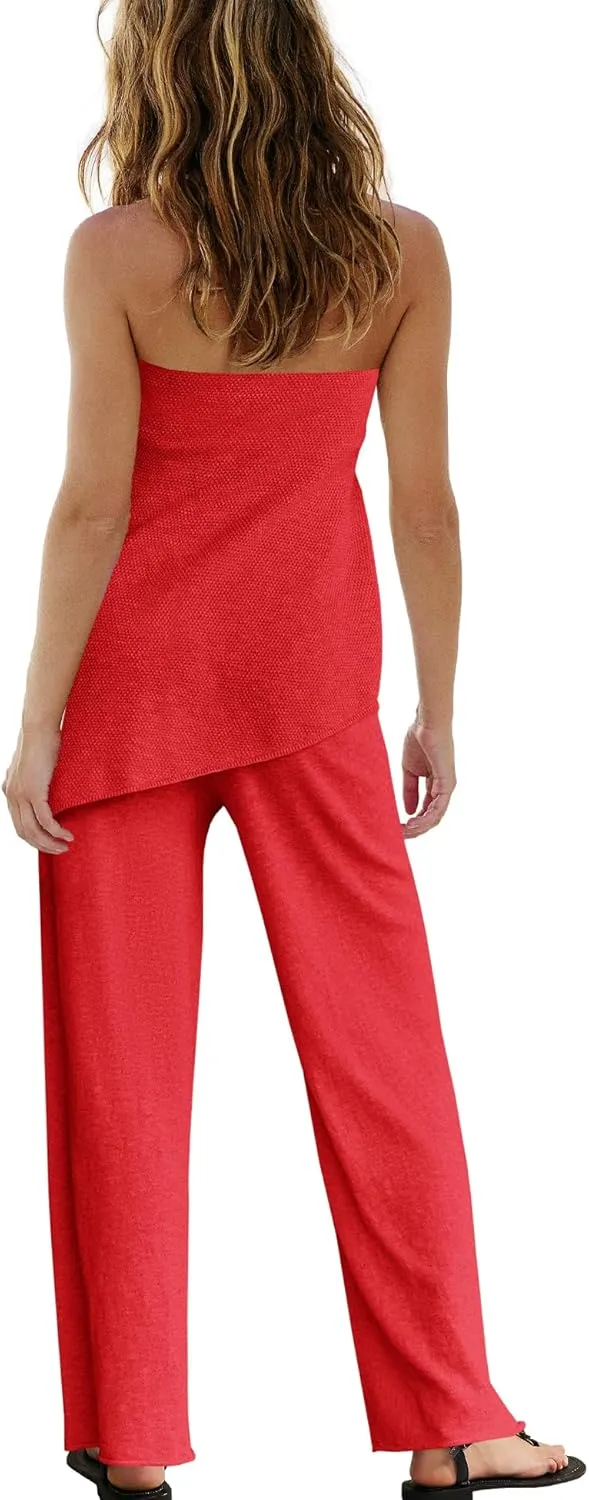 SENSERISE Womens 2 Piece Outfits Summer Knit Sweater Set Matching Lounge Set Off the Shoulder Tops and Pants