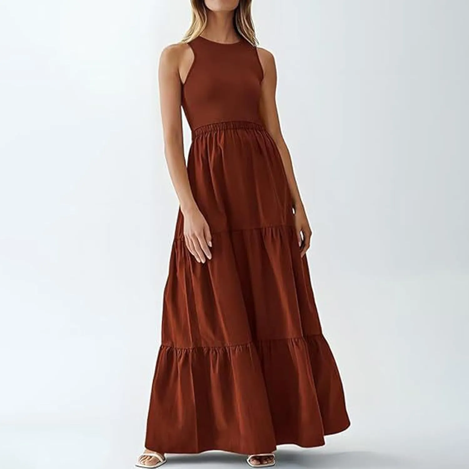 Skirts for Women Summer Patchwork Stripe Pleated Dress Round Neck Sleeveless A-line Skirt Party Wedding Maxi
