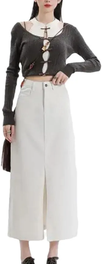 Split Denim Skirt for Women's High Waisted Loose A-Line Long Wrap Hip Skirt