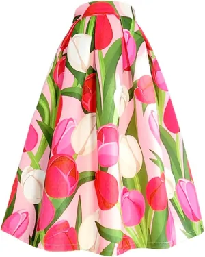 Spring Summer Clothes Women Pink Floral Print High Waist Pleated Midi Skirt