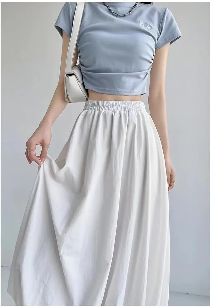 Sumleno Women 2025 Summer Bubble Maxi Skirt Ruffle Pleated Elastic Waist A-Line Long Skirt Y2k Aesthetic Midi Dress