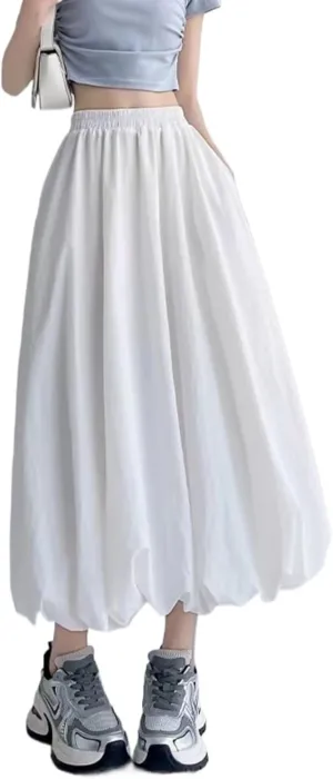 Sumleno Women 2025 Summer Bubble Maxi Skirt Ruffle Pleated Elastic Waist A-Line Long Skirt Y2k Aesthetic Midi Dress