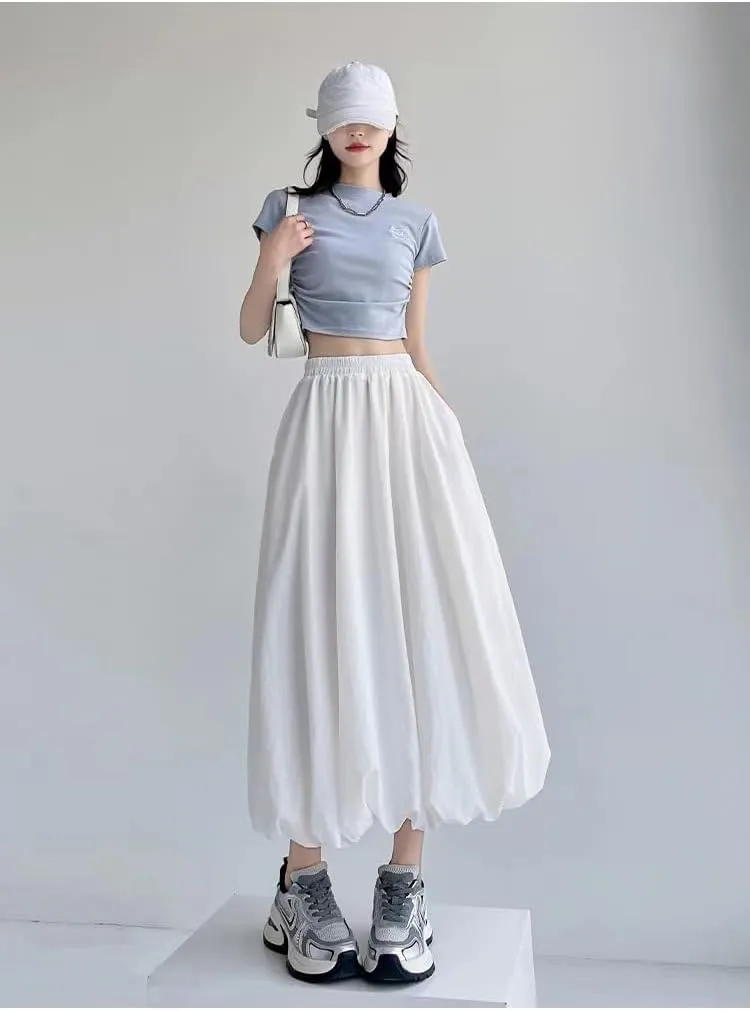 Sumleno Women 2025 Summer Bubble Maxi Skirt Ruffle Pleated Elastic Waist A-Line Long Skirt Y2k Aesthetic Midi Dress