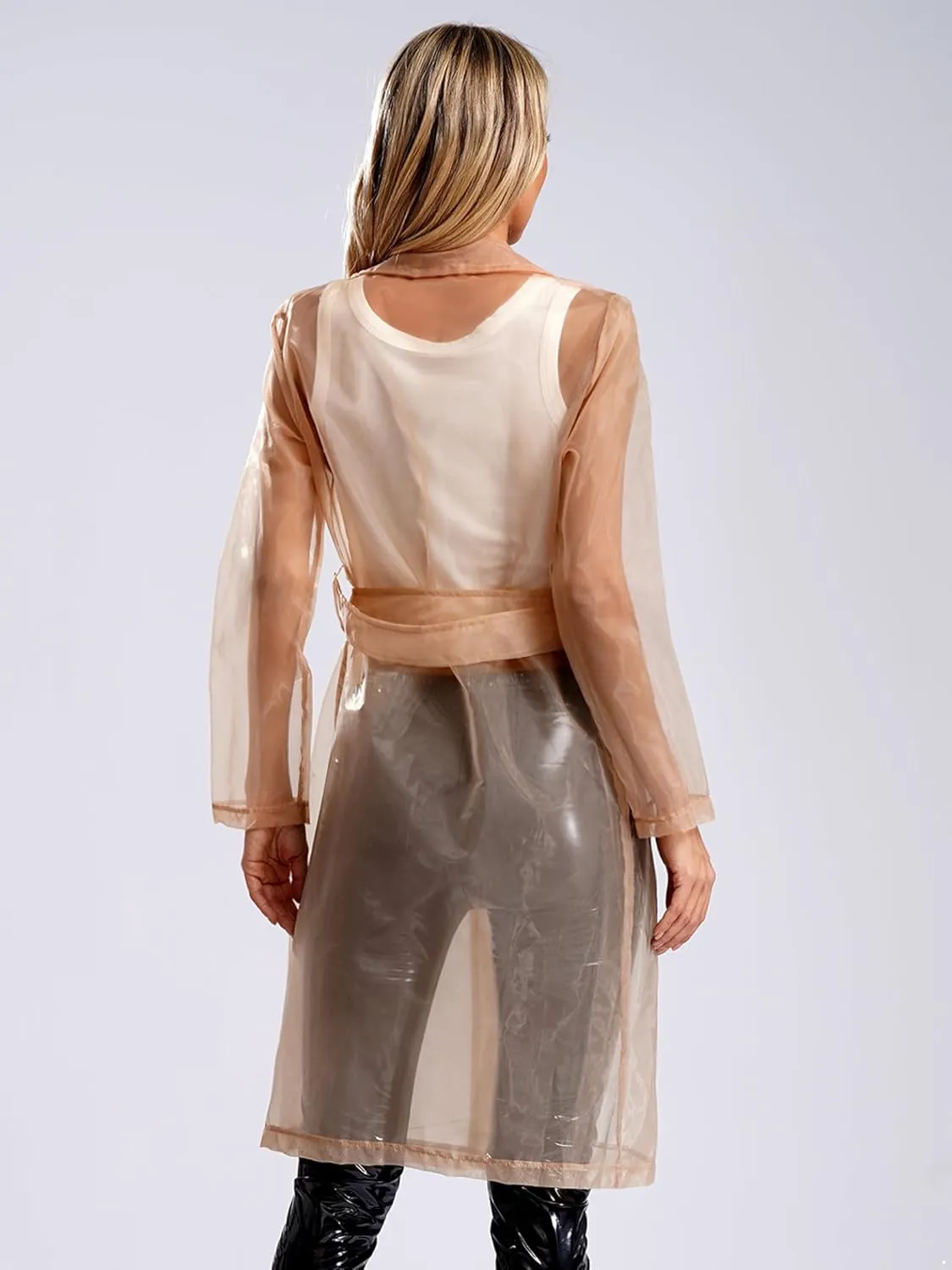Sywiyi Women's Long Sleeve See Through Sheer Mesh Blazer Organza Jacket Cardigan Top Trench Coats with Belt