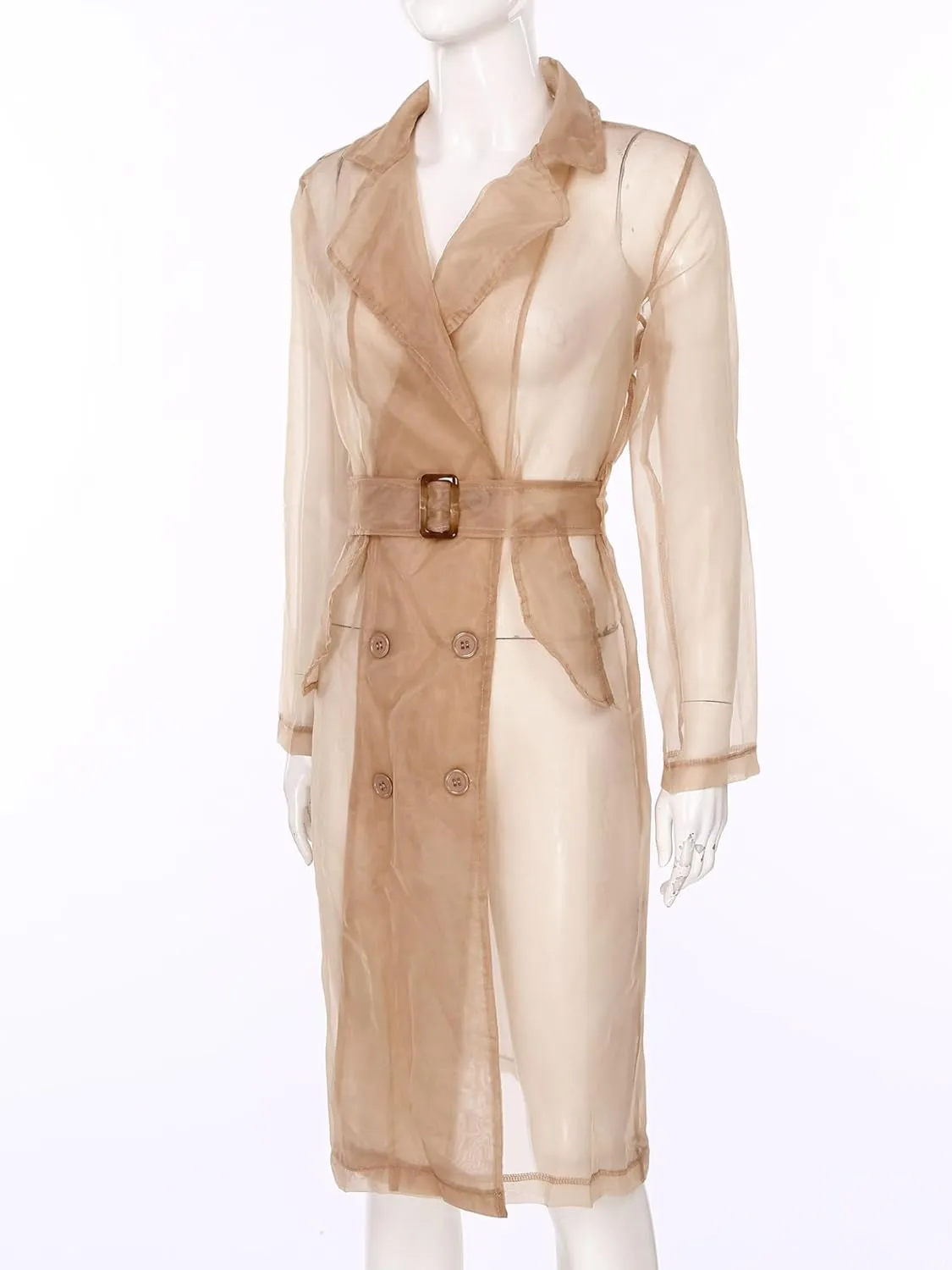 Sywiyi Women's Long Sleeve See Through Sheer Mesh Blazer Organza Jacket Cardigan Top Trench Coats with Belt